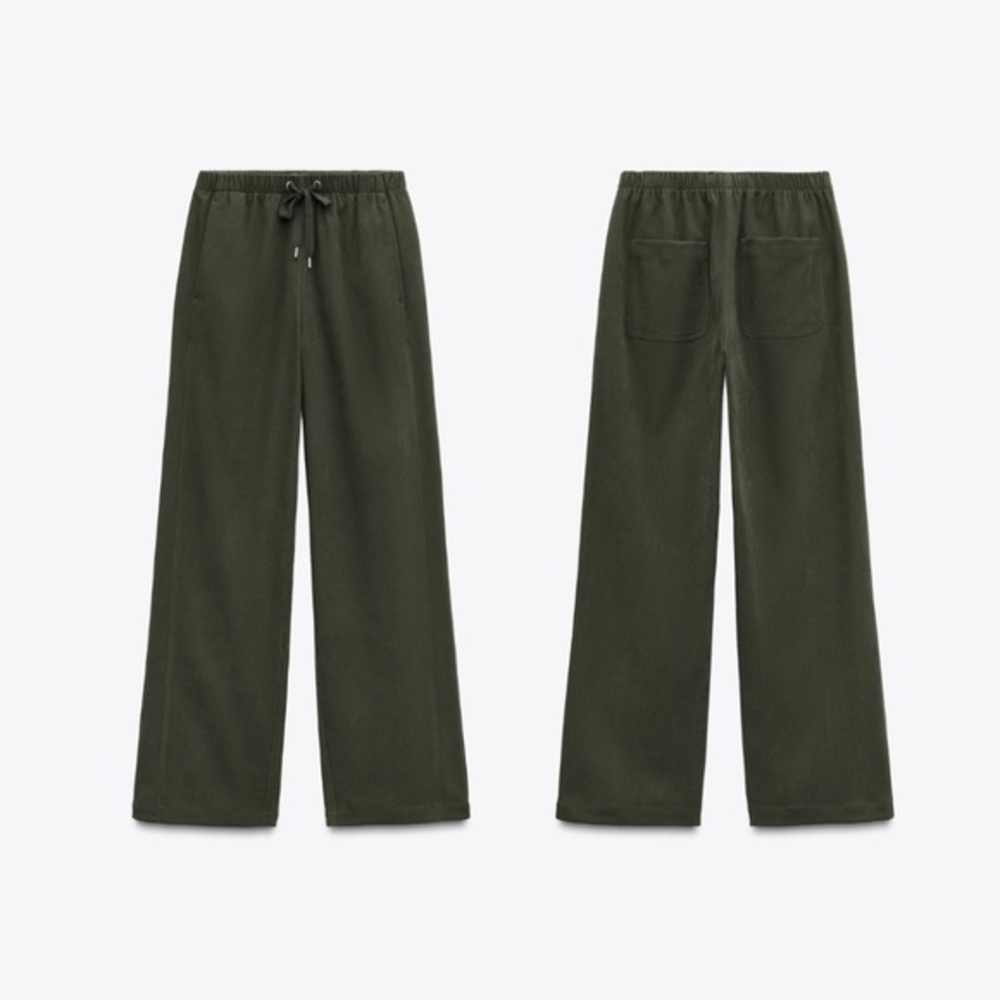 Zara Textured Faux Suede Wide Leg Pants Green Dark Khaki 8372/245/507 Sz‎ XL